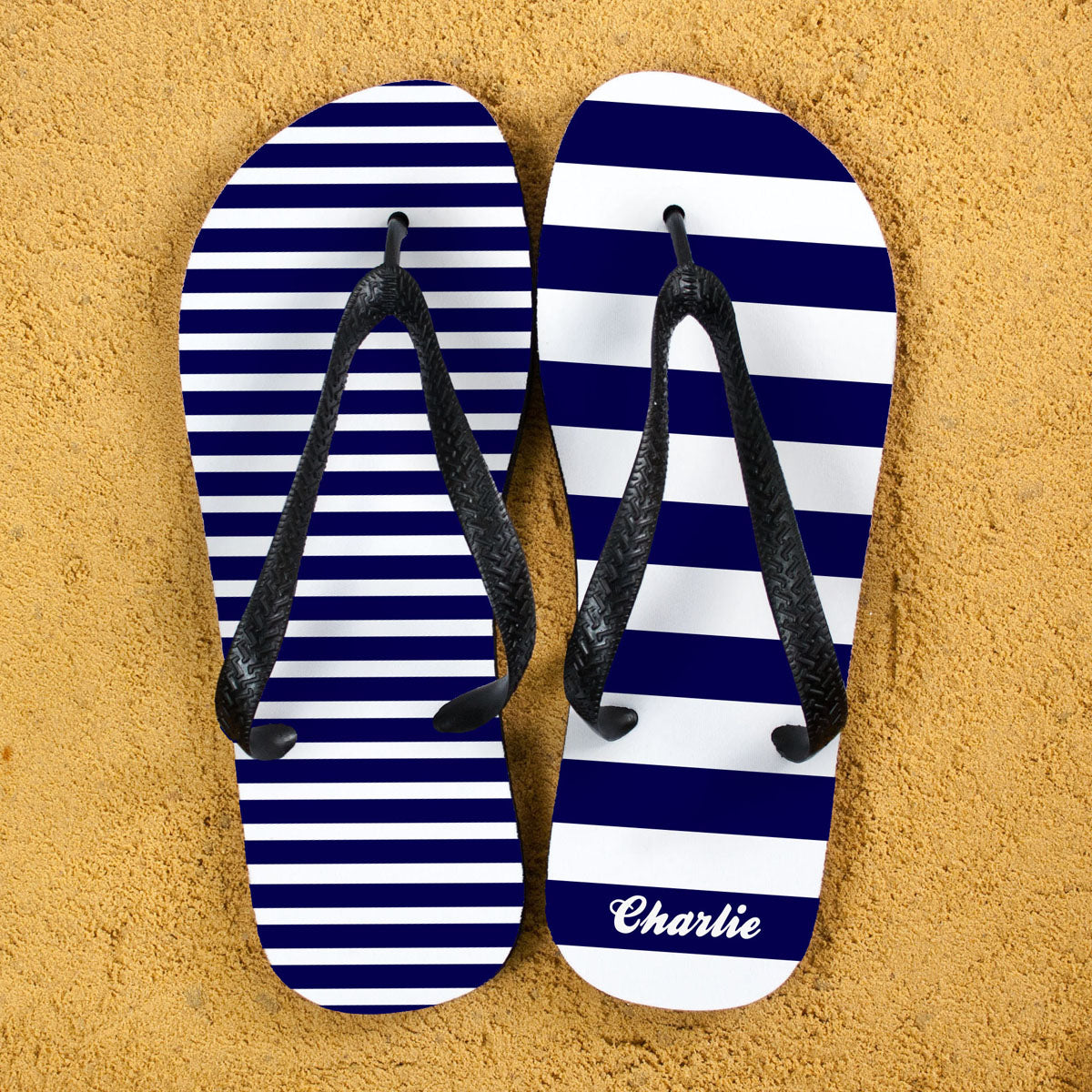 Striped Personalised Flip Flops in Blue Gifts Finder