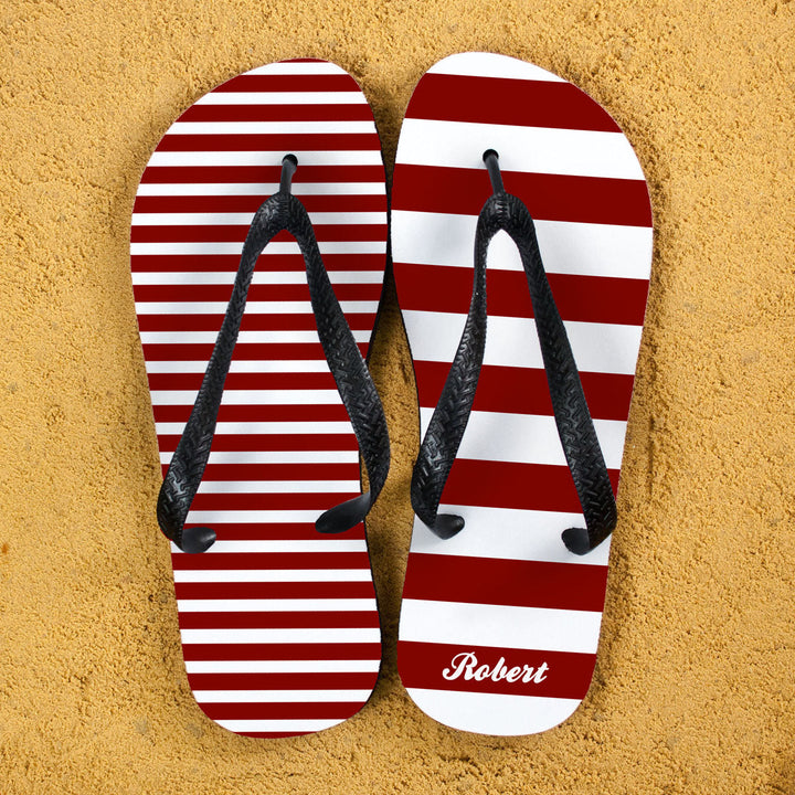 Striped Personalised Flip Flops in Red in gift category Personalised Kids Flip Flops