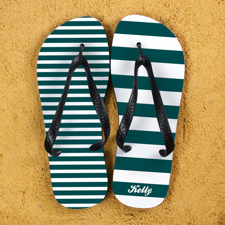 Striped Personalised Flip Flops in Teal in gift category Personalised Kids Flip Flops