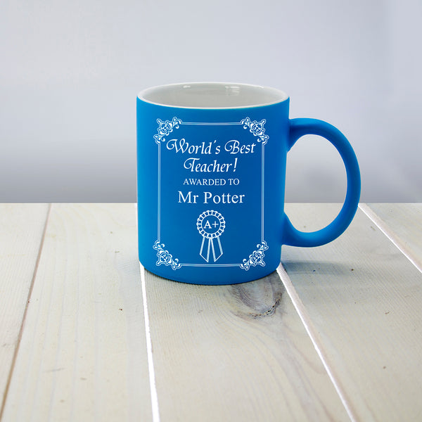 World's Best Teacher Award Matte Coloured Mug in gift category Personalised Mugs