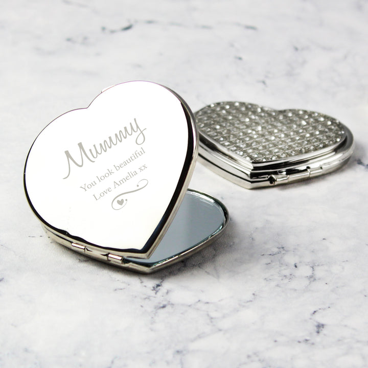 Personalised Swirls & Hearts Diamante Heart Compact Mirror - part of the Gifts Finder Personalised Compact Mirrors collection