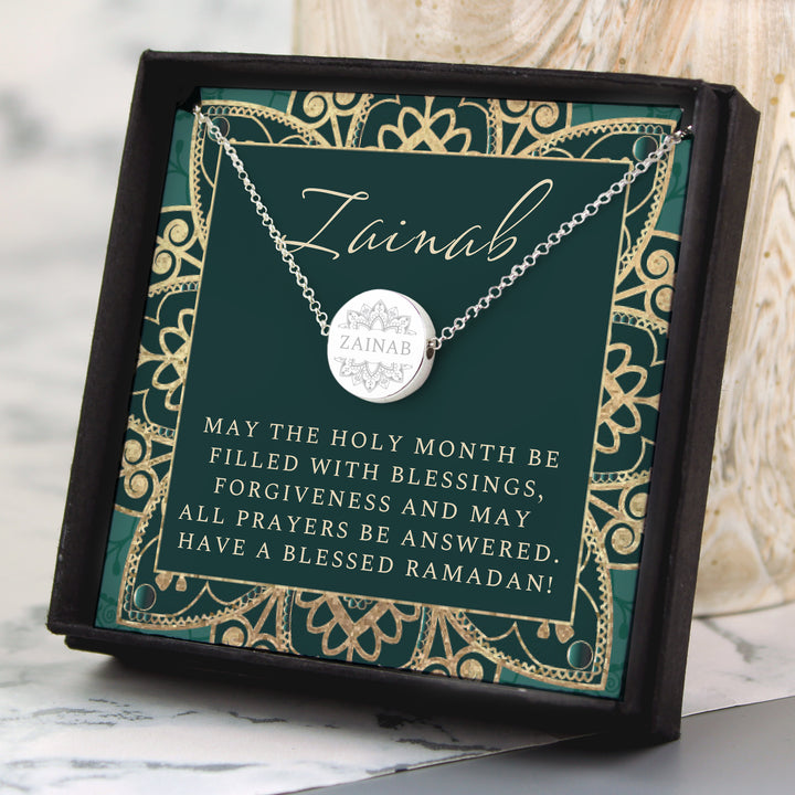 Personalised Sentiment Eid and Ramadan Disc Necklace and Box in gift category Jewellery