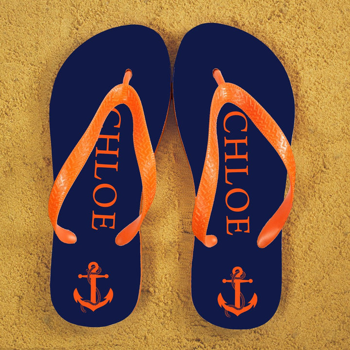 Anchor style Personalised Flip Flops in Blue and Orange in gift category Personalised Kids Flip Flops