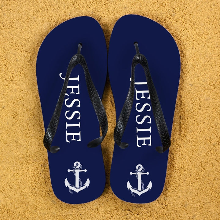 Anchor style Personalised Flip Flops in Blue and White in gift category Personalised Kids Flip Flops