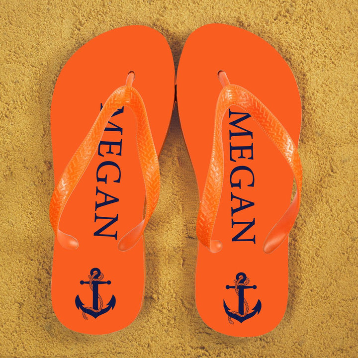 Anchor style Personalised Flip Flops in Orange and Blue in gift category Personalised Kids Flip Flops