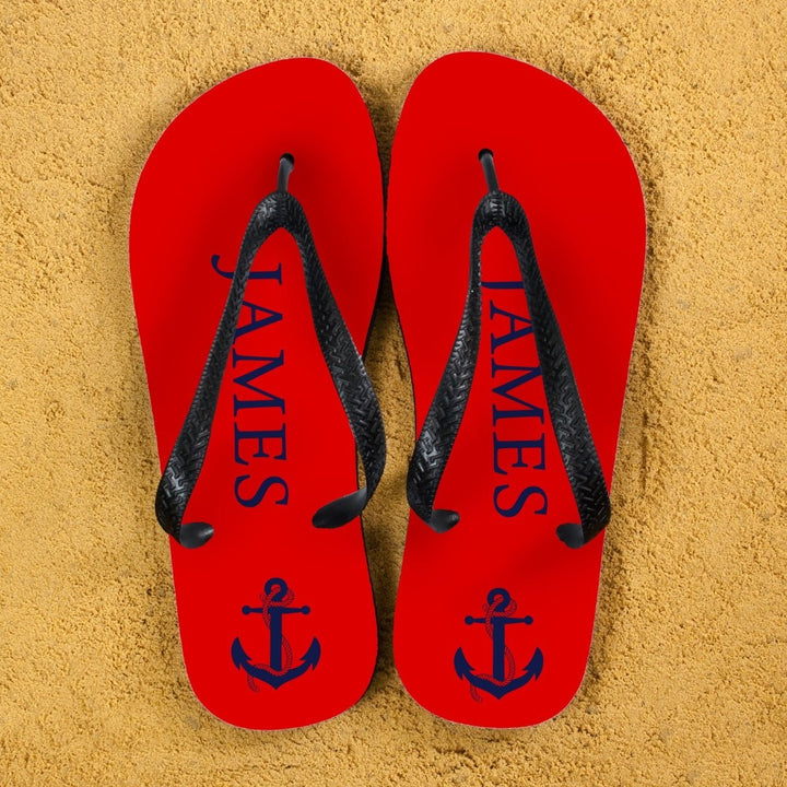 Anchor style Personalised Flip Flops in Red and Blue in gift category Personalised Kids Flip Flops