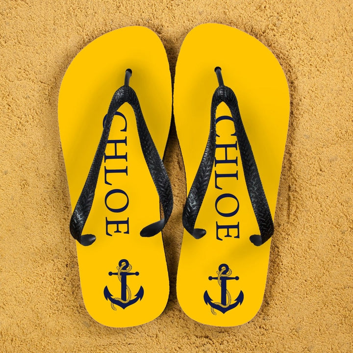 Anchor style Personalised Flip Flops in Yellow and Blue in gift category Personalised Kids Flip Flops