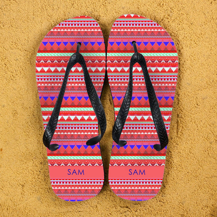 Aztec style Personalised Flipflops in Red in gift category Personalised Kids Flip Flops