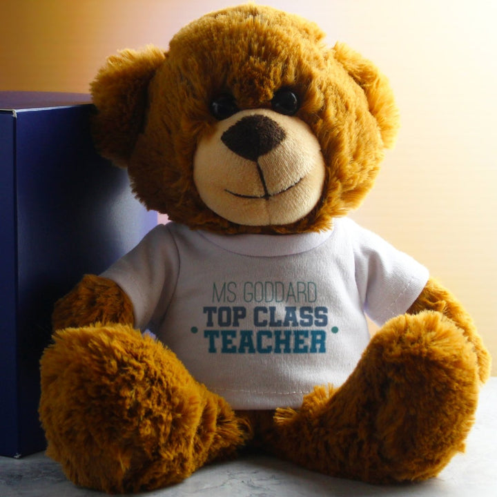 Dark Brown Teddy Bear with Top Class Teacher Design T-Shirt