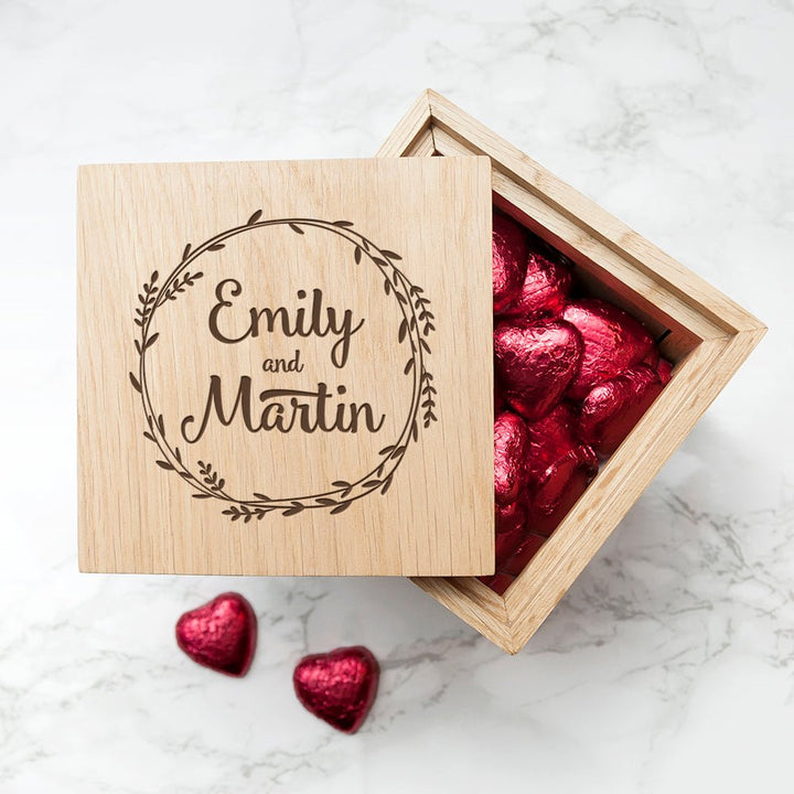 Personalised Romantic Wreath Frame Oak Photo Cube in gift category Personalised Photo Cubes