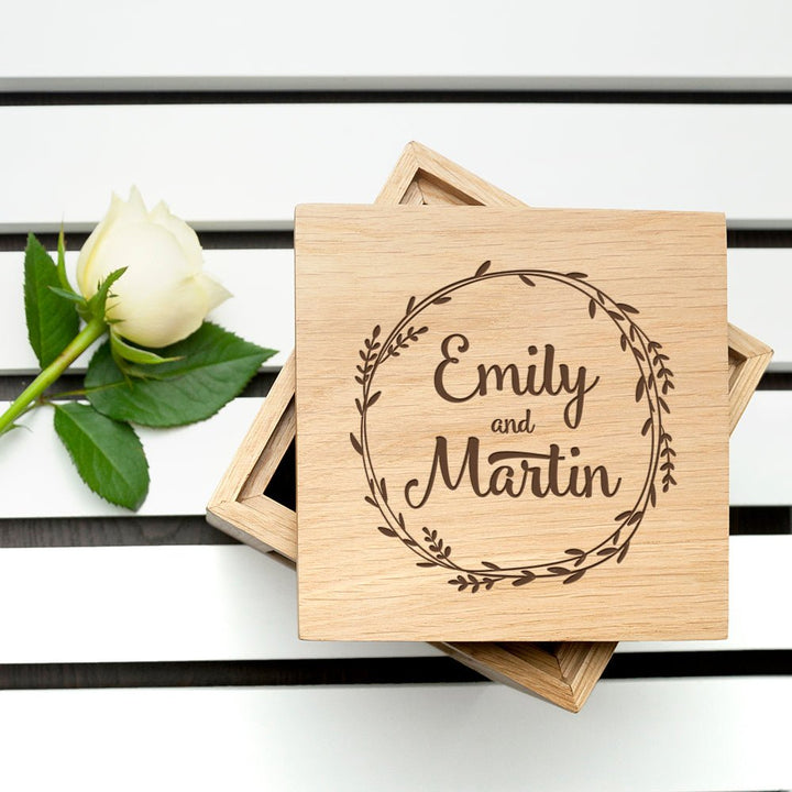 Personalised Romantic Wreath Frame Oak Photo Cube in gift category 