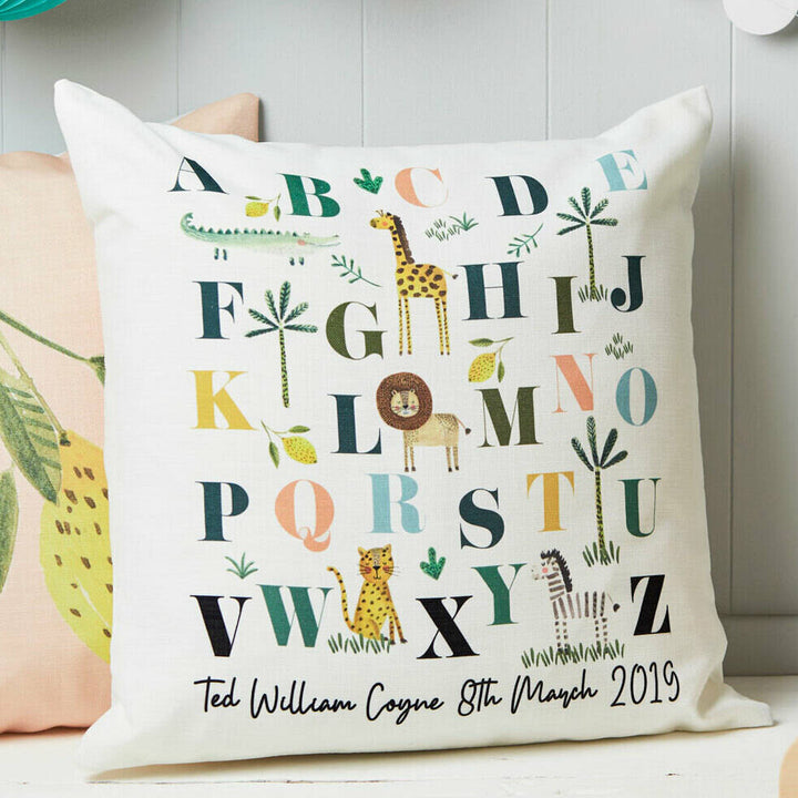 Personalised Safari Animals Alphabet Cushion Cover in gift category Personalised Cushion Covers