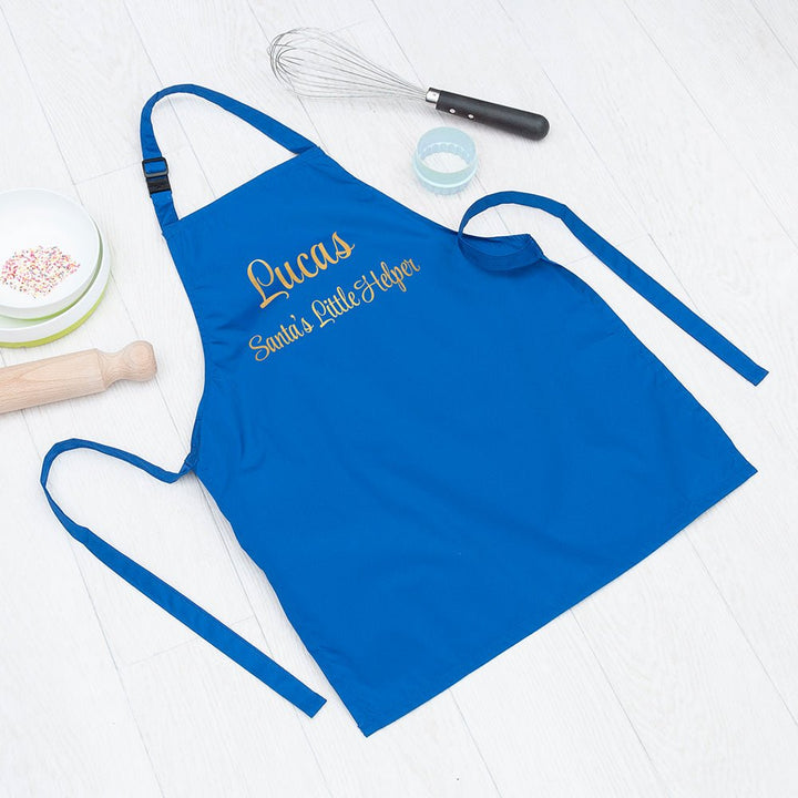 Personalised Santas Little Helper Childrens Blue Waterproof Apron in gift category 