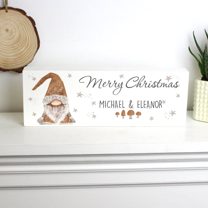 Personalised Scandinavian Christmas Gnome Wooden Block Sign in gift category 