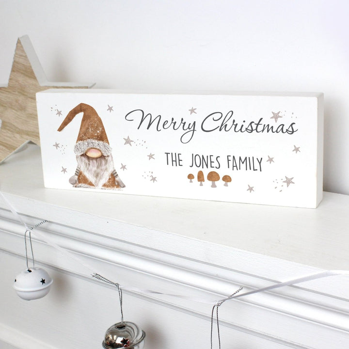 Personalised Scandinavian Christmas Gnome Wooden Block Sign in gift category 