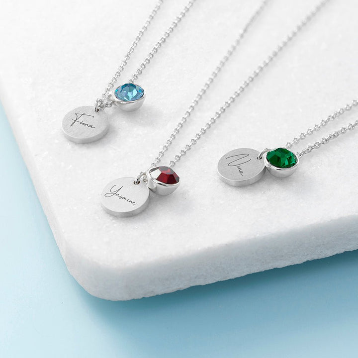 Personalised Silver Birthstone Crystal and Disc Necklace