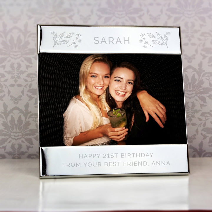 Personalised Silver Floral Square 6x4 Inch Landscape Photo Frame - part of the Gifts Finder Personalised Photo Frames collection